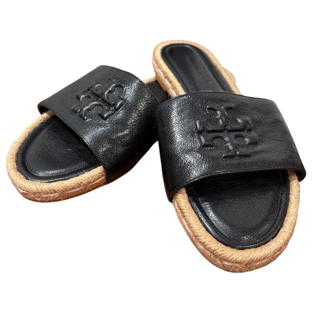 Tory Burch Everly Leather Espadrille Black Slides Sandals Women's Size 6.5 NWOB - Picture 2 of 9